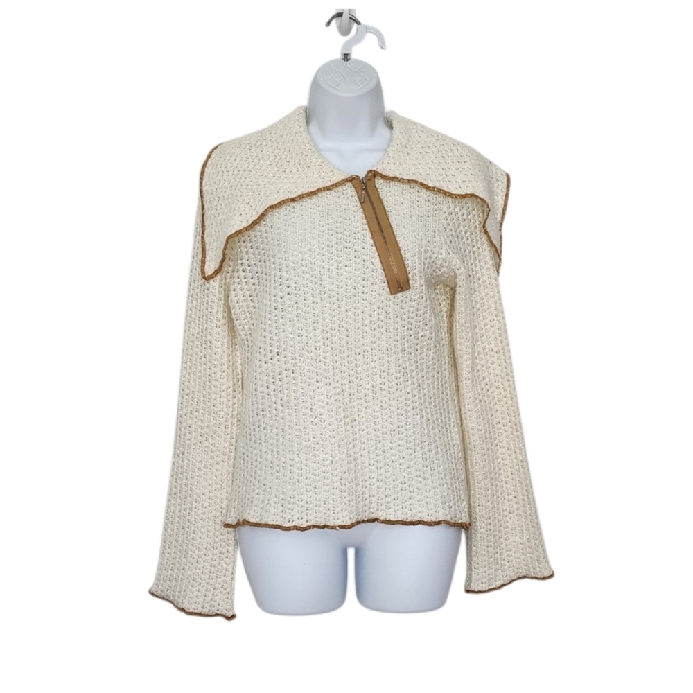 Fiore Bella Contrast Stitch 1/4 Zip Open Knit Sweater Size Small Wide Collar 90s